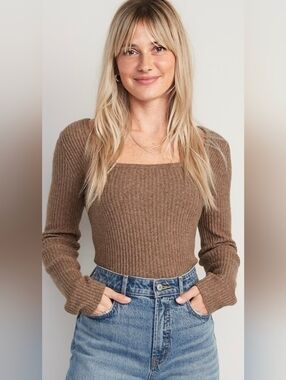 Old Navy Brown Ribbed Square Neck Long Sleeve Top